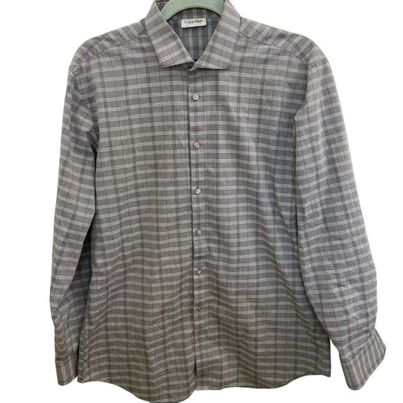 Calvin Klein Extreme Slim Fit Grey Plaid  Button-Up Dress Shirt 16 32/33 - Picture 1 of 8